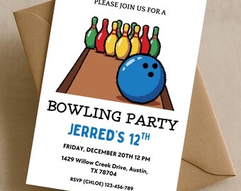 Pixel Bowling Party Invitation Editable, Retro Gamer Bowling Birthday Invite Printable for Boys, 8bit Bowling Theme Party Template