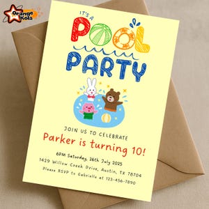 Summer Swimming Pool Party Invite, Cute Animal Pool Party Invite, Children&#39;s Birthday Editable Canva Template, Summer Kids Party Invitation