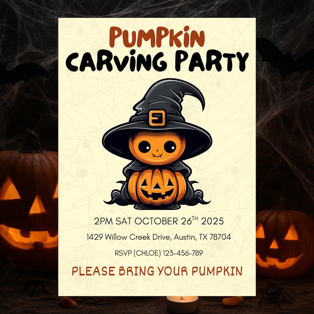 Kids Pumpkin Carving Party Invitation, Cute Witch Pumpkin Halloween ...