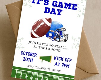 May include: A football-themed invitation card with the text "IT'S GAME DAY" in blue. It features a football and a blue helmet illustration. The invitation includes details for a football event, with the date, time, and RSVP information.