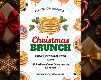 May include: A white Christmas brunch invitation card featuring illustrations of pancake stacks with syrup, holly leaves, and blue snowflakes. Text reads: PLEASE JOIN US FOR A Christmas BRUNCH FRIDAY, DECEMBER 20TH 12 PM 1429 Willow Creek Drive, Austin, TX 78704 RSVP (CHLOE) 123-456-789.