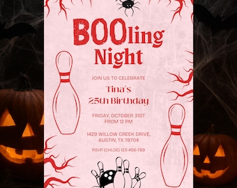 May include: A light pink rectangular invitation card featuring red text that reads BOOling Night, Join us to celebrate Tina's 25th Birthday, Friday, October 31st from 12 PM, 1429 Willow Creek Drive, Austin, TX 78704, RSVP (Chloe) 123-456-789, with bowling pins.