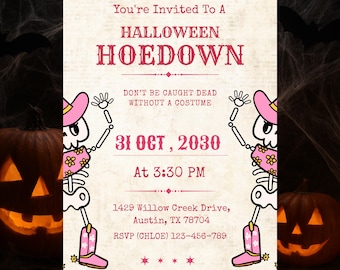 Pink Cowgirl Halloween Hoedown Invitation, Cute Skeleton Hoedown Party Invite, Western Costume Party Printable, Halloween Cowboy Invite