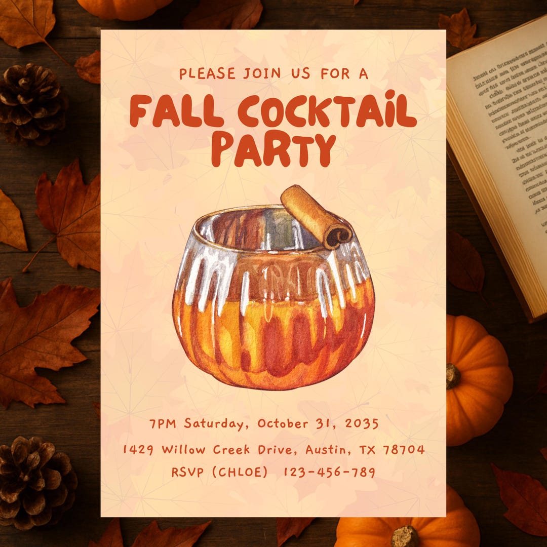 Fall Cocktail Party Invitation, Autumn Happy Hour Editable Canva Invite ...
