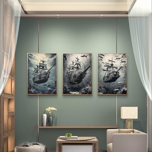 3. Barco fantasma submarino: lámina artística surrealista de un barco pirata vintage, decoración de pared de fantasía oceánica en blanco y negro.