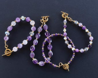 Colección de pulseras de amatista morada genuina, pulsera con piedra natal de febrero, plata esterlina o chapada en oro, cierre de palanca, regalo para ella