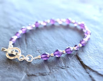 Dainty Amethyst Bracelet for Women, February Birthstone Gift, 14K Gold Toggle Gemstone Bracelet, genuine amethyst, purple bracelet, handmade