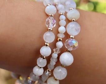 Pulsera de piedra lunar apilada • Ágata de encaje, rellena de oro • Hecha a mano