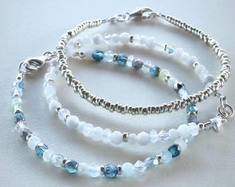 Conjunto de 3 pulseras delicadas de aguamarina y piedra lunar, pulsera de gema azul, pulsera de plata de ley, piedra de nacimiento de marzo, regalo para el Día de la Madre