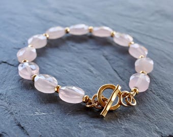 Pulsera de cuarzo rosa genuino, pulsera de piedra preciosa facetada rosa, regalo para ella, pulsera de palanca de plata esterlina o vermeil de oro de 14 quilates