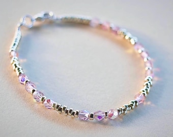 Dainty Pink faceted 1-4-3 (I love you) Bracelet, Czech Glass & Sterling Silver Bracelet, Pink Bracelet, Handmade in USA, Mother’s Day Gift