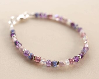Pulsera delicada de amatista y piedra lunar, pulsera de gema morada, piedra de nacimiento de febrero, plata de ley, hecha a mano en EE. UU., regalo para el Día de la Madre