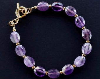 Pulsera de amatista, cierre de palanca en plata esterlina o vermeil de oro de 14 quilates, pulsera morada con piedra de nacimiento de febrero, regalo para ella, hecha a mano en EE. UU.