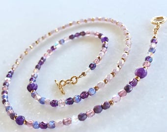 Pulsera envolvente de lavanda, cierre de palanca en oro vermeil de 14 quilates, piedra natal de febrero, amatista púrpura genuina, hecha a mano en EE. UU., collar o tobillera.