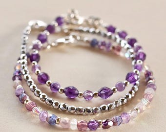 Conjunto de pulseras delicadas de amatista y piedra lunar, pulseras de piedras preciosas de plata de ley, pulseras apilables, hechas a mano en EE. UU., regalo del Día de la Madre para ella.