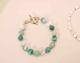 Pulsera de piedras preciosas verdes • Malaquita, aventurina y piedra lunar, cierre de oro