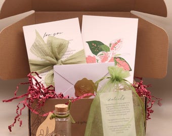 Caja de regalo con pulsera de piedras preciosas • Malaquita, piedra lunar y semillas de flores silvestres