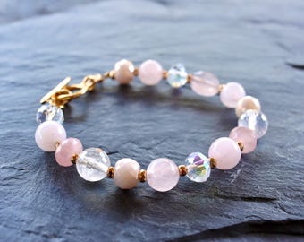 Pulsera de cuarzo rosa de 8 mm, joyería de cuarzo rosa genuino, regalo de San Valentín para ella, pulsera de palanca de plata esterlina o vermeil de oro de 14 quilates.