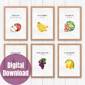 Fruit Wall Art Printable Set of 6 Cute Fruit Kitchen Prints Toddler Wall Art Botanical Fruit Posters Vintage Digital Download art for kids