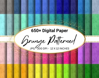 May include: A digital paper pack with a range of grunge patterned designs in various colours. The image includes text that reads "650+ Digital Paper Grunge Patterned JPG - 300 DPI - 12 X 12 INCHES". The paper is 30.48 cm x 30.48 cm.