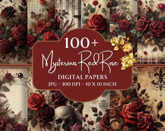 Rode roos digitaal papier Valentijn plakboek Kit vintage bloemen ongewenste dagboekpagina's Shabby Chic afdrukbare Instant Download strepen stippen patroon