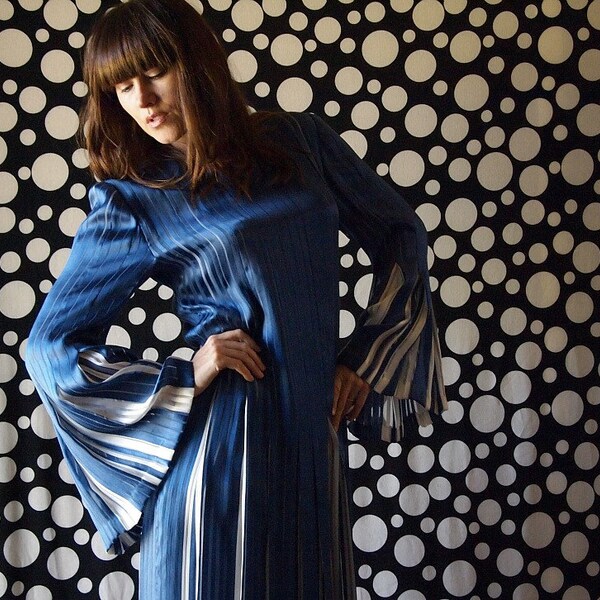 silk dress vintage neiman marcus bell sleeves stripes pleats