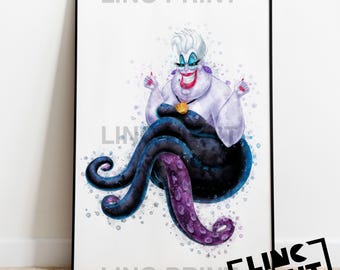 Disney 'URSULA' Sea Witch Little Mermaid Villain Character Print Watercolour Splash Art, kids Print Poster, Available in A5, A4 & A3 Sizes