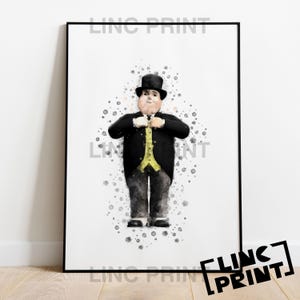 May include: Framed print of a cartoon character in a black suit, top hat, and yellow waistcoat. The illustration is set against a white background with grey splatters. The print is labelled "LINC PRINT".