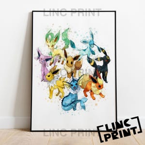 May include: A framed print showcasing a watercolour illustration of diverse, colourful Pokémon characters. The artwork includes characters such as Eevee, Vaporeon, and Flareon, set against a backdrop of watercolour splashes. The print is framed in a black border.