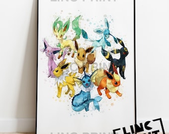 Pokemon Print 'EEVEE EVOLUTIONS' Watercolour Splash Art, Character Print, kids Poster, bedroom, home decor, Available in A5, A4 & A3 Sizes