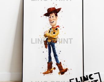 Toy Story Print 'WOODY' Cowboy Splash Style Watercolour Art, Disney / Pixar Movie Film Character, Home Decor, Kids Poster, A5, A4 & A3 sizes