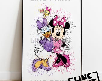 Disney 'MINNIE, DAISY and CUCKOO' Character Print Splash Style Watercolour Art, kids bedroom poster decor, Available in A5, A4 & A3 Sizes