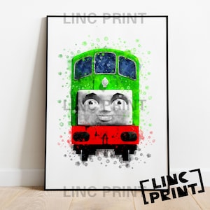 May include: A vertical rectangular art print featuring a watercolour illustration of a green train engine with a smiling face. The train has a red bumper, dark blue windows, and is surrounded by green and red paint splatters. Text reads LINC PRINT.