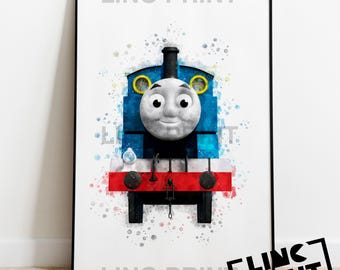 Thomas and Friends Print 'THOMAS' Splash Style Watercolour Art Print, Kids Bedroom, Home Decor, Childrens Character Poster, A5 A4 & A3 Sizes