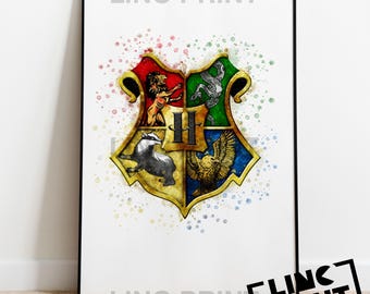 Magic school 'HOGWARTS CREST' Print, Splash Style Watercolour Art, Wizard Print, Poster, wizarding world, decor, Available in A5, A4 & A3
