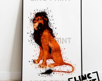 Disney 'SCAR' Lion King Villain Character Print Splash Style Watercolour Art, Print Poster, kids, Available in A5, A4, A3 Sizes