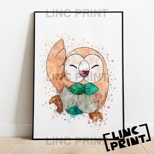 May include: A framed watercolour print of a cartoon owl in orange, brown, green, and white. The owl is smiling and waving. The print has a watercolour splatter background. The text "LINC PRINT" is in the top and bottom right corners.
