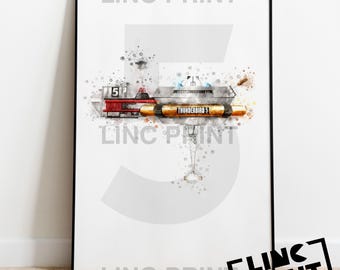Thunderbirds Print 'THUNDERBIRD FIVE' Splash Style Watercolour Art, Kids Home Decor, Poster, A5, A4 & A3 sizes