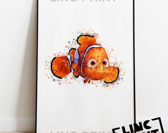 Disney Pixar 'NEMO' Finding Nemo Character Print Splash Style Watercolour Art, Character Print, kids Poster, Available in A5, A4 & A3 Sizes