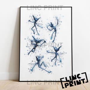 May include: A framed print showing five blue fairy illustrations with wings and pointed ears. The fairies are in different poses on a white background with blue watercolour splatters. The frame is black.