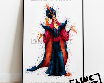 Disney 'JAFAR' Aladdin Villain Character Print Splash Style Watercolour Art, Disney Print Poster, kids room, Available in A5, A4 & A3 Sizes