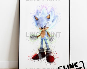Gaming Print 'HYPER SONIC' Sonic Hedgehog Splash Style Watercolour Art, Gaming Sonic Character, Childrens Decor, Poster, A5, A4 & A3 Sizes