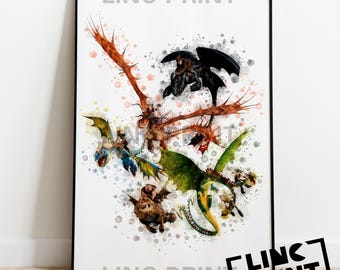 How To Train Your Dragon Print 'DRAGON GROUP' Watercolour Splash Art, Cartoon Characters Poster, decor, Available in A5 A4 & A3 Sizes