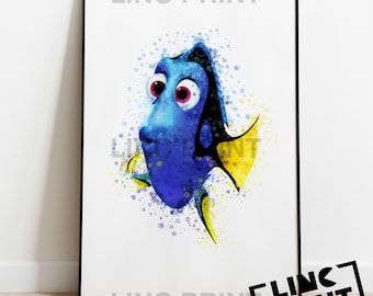 Disney Pixar 'DORI' Finding Nemo Character Print Splash Style Watercolour Art, Character Print, kids Poster, Available in A5, A4 & A3 Sizes