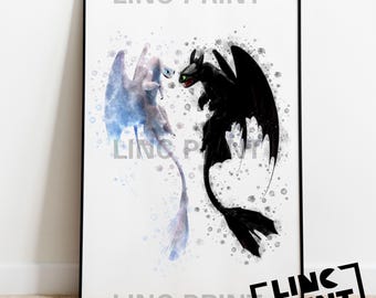 How To Train Your Dragon Print 'TOOTHLESS and LIGHT FURY' Watercolour Splash Art, Cartoon Characters Poster, Available in A5 A4 & A3 Sizes