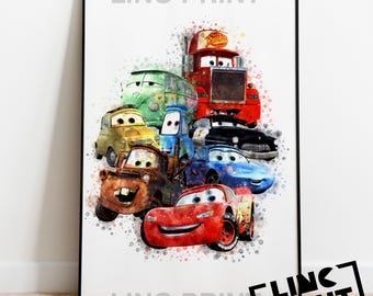 Disney Pixar 'CARS GROUP' Cars Splash Style Watercolour Art, Character Poster, Childrens Room, Home Bedroom Decor, Available in A5, A4 & A3