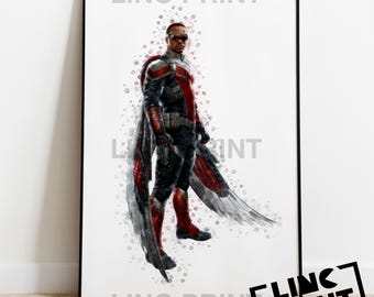 Superhero Print 'FALCON' Splash Style Watercolour Art, Marvel, Avengers, super heroes, Home Decor, Childrens Poster, A5, A4 & A3 Sizes