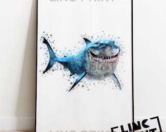 Disney Pixar 'BRUCE' Finding Nemo Character Print Splash Style Watercolour Art, Character Print, kids Poster, Available in A5, A4, A3 Sizes