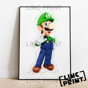 Gaming Print &#39;LUIGI&#39; Mario Splash Style Watercolour Art, Gaming Super Mario Character, Childrens Home Decor, Poster, A5, A4 & A3 Sizes