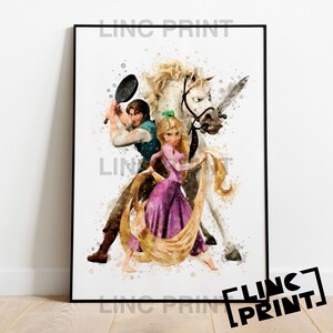 May include: A framed watercolour print featuring characters from a fairy tale. The artwork depicts a woman in a purple dress with long blonde hair, a man with a frying pan, and a white horse. The print has a watercolour effect.